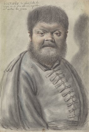 Nicolas Lagneau, Socrate, vu de face, entre 1600 et 1650, pierre noire, sanguine, pastel ocre jaune, bleu et vert, estompe et pinceau mouillé © Collection du département des estampes et de la photographie de la BnF