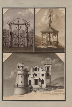 Jean-Jacques Lequeu, La porte de clôture de l’hermitage est sur le chemin solitaire comme pour les anachorètes qui menaient une vie érémitique. Vide-bouteille du désert aride, non daté, plume, lavis et aquarelle © Collection du département des estampes et de la photographie de la BnF